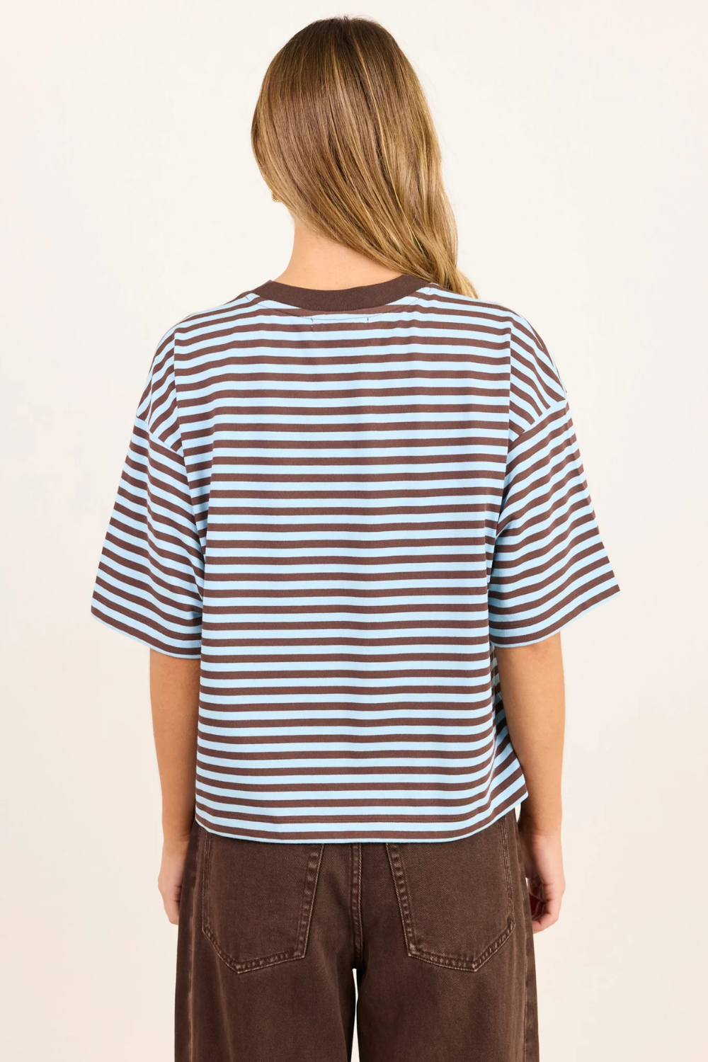 Cohesion Ice Blue Chocolate Stripe Oversized Contrast Binding Boxy SS Tee