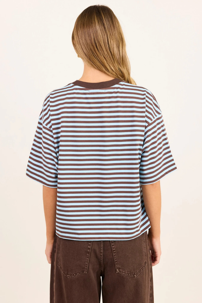 Cohesion Ice Blue Chocolate Stripe Oversized Contrast Binding Boxy SS Tee