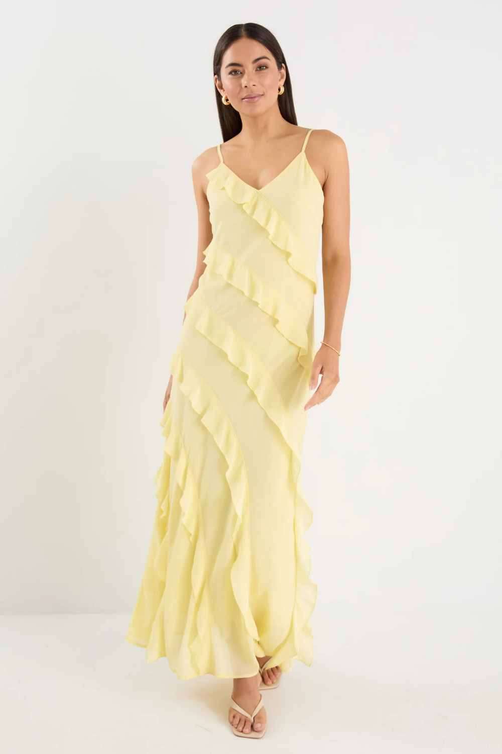 Galore Butter Bias Ruffle Slip Maxi Dress