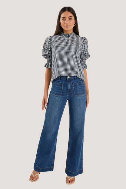 Affection Navy Gingham High Neck Top