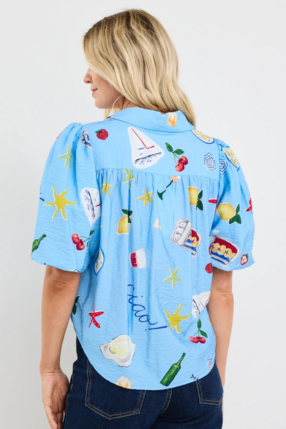 Exemption Blue Holiday Tie Front SS Shirt