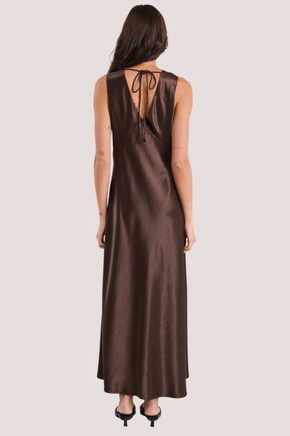 Castle Chocolate Satin Lace Trim Maxi Dress