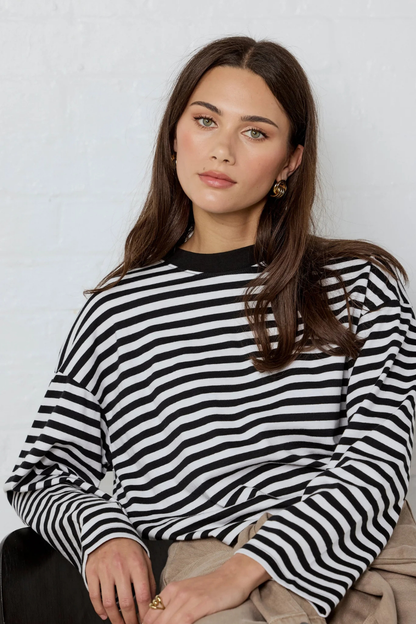 Unite Black White Stripe Long Sleeve Contrast Binding Boxy Tee