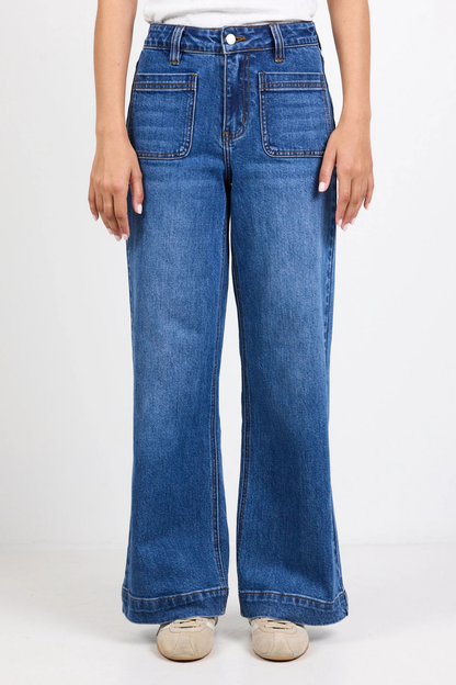 Zoey Marine Blue Petite High Rise Wide Leg Pocket Jean