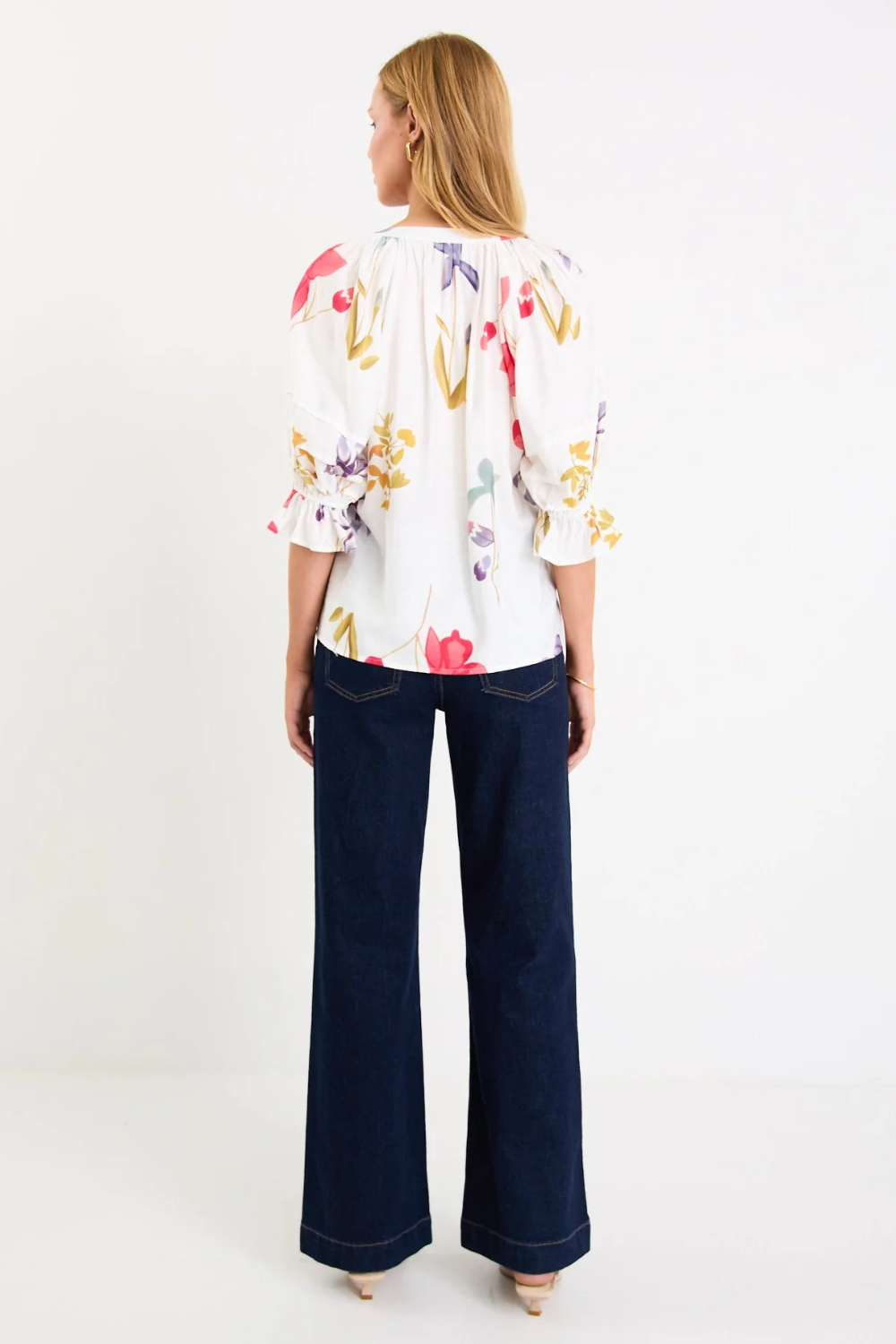 Cassia Cream Poppy Floral V Neck Short Pin Tuck Sleeve Mandarin Collar Top