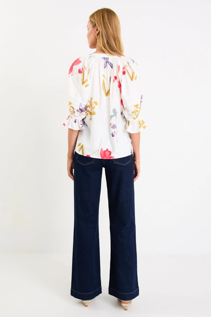 Cassia Cream Poppy Floral V Neck Short Pin Tuck Sleeve Mandarin Collar Top