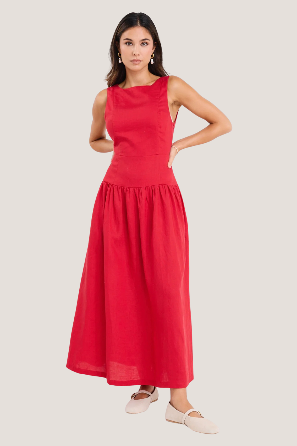 Results Red Linen Blend Structured Sleeveless Maxi Dress