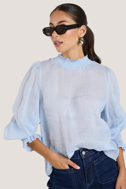 Embrace Ice Blue Ramie Shirred Neck LS Top