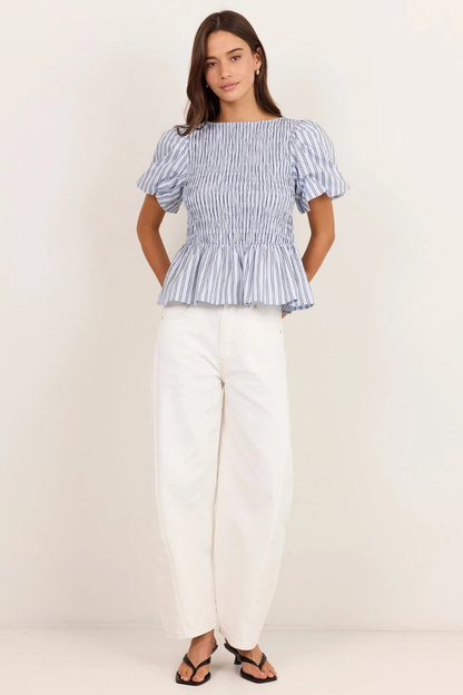 Artifact Pale Blue Stripe Shirred Bubble Sleeve Top