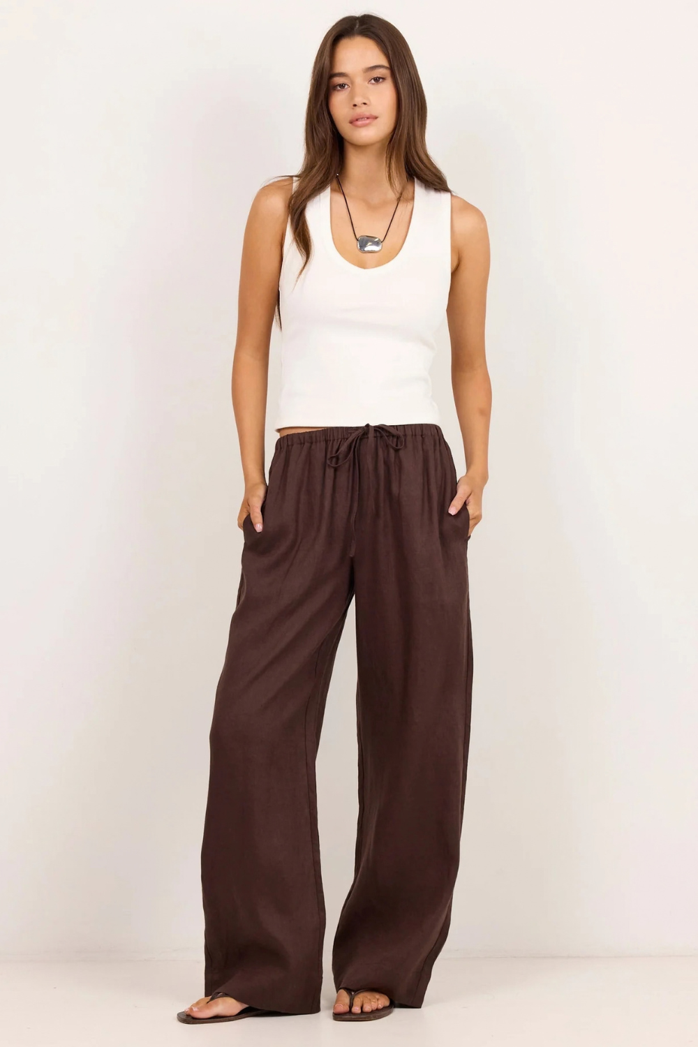 Wellness Dark Chocolate Linen Pull On Wide Leg Pants
