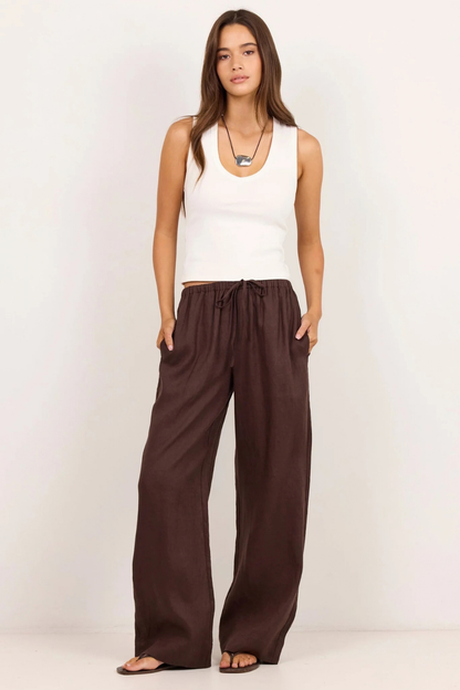 Wellness Dark Chocolate Linen Pull On Wide Leg Pants
