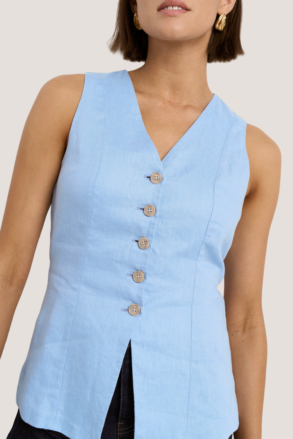 Eiffel Pale Blue Linen Fitted Longline Vest