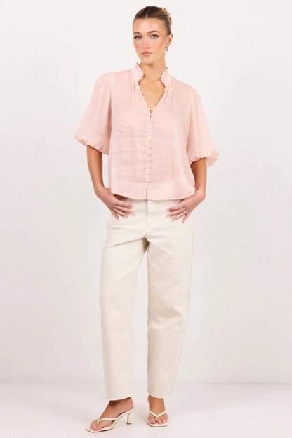 Occasion Pale Pink Shirred Neck Short Sleeve Top