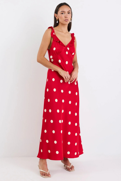 Delightful Cherry Polka Dot Satin Bias Slip Maxi Dress
