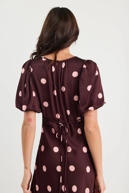 Stage Plum Polka Dot Puff Sleeve Satin Floaty Maxi Dress
