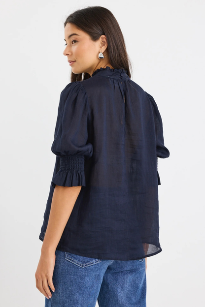 Verse Navy Sheer High Neck Short Sleeve Top