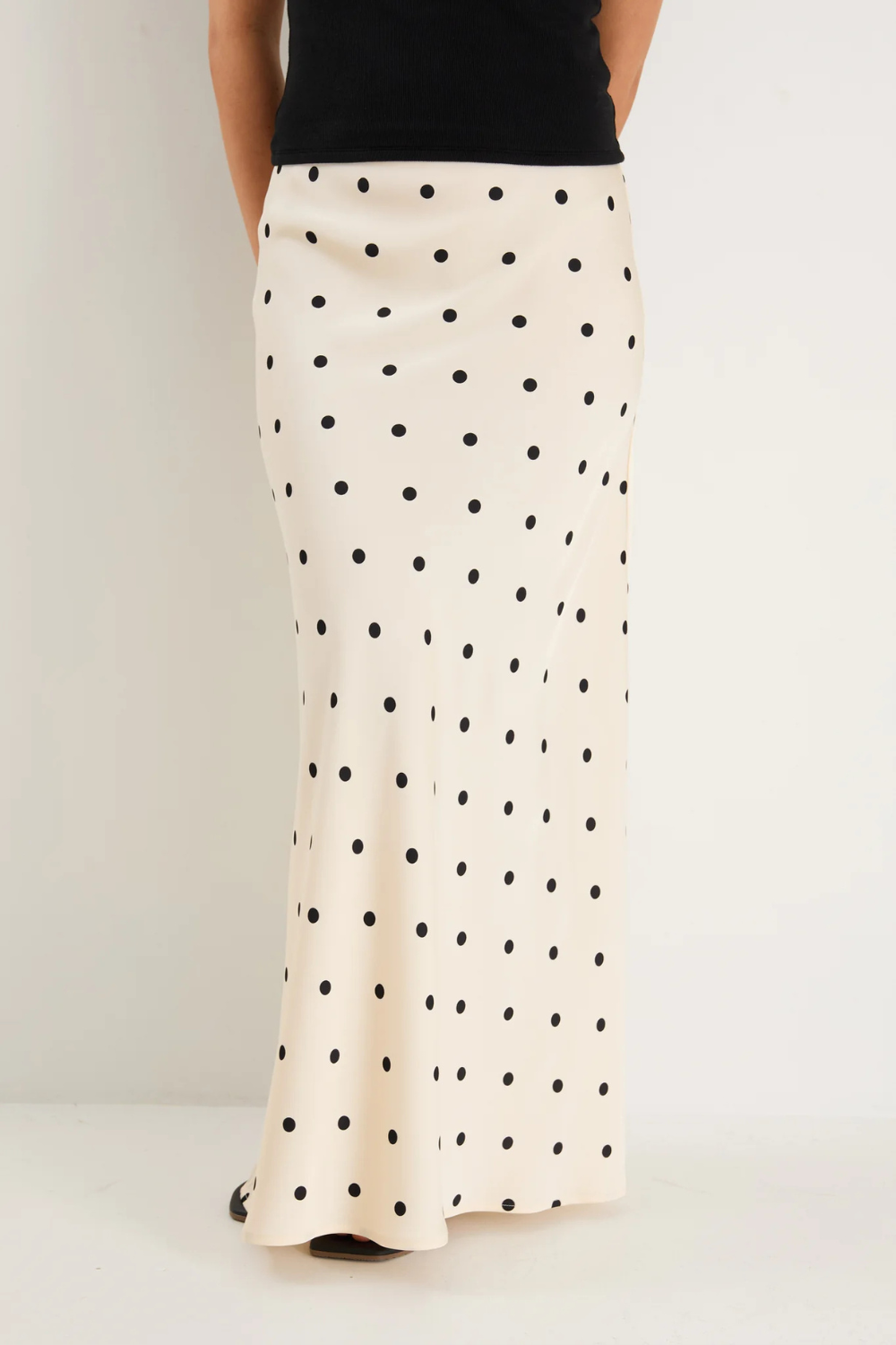 Prodigy Cream Black Polka Dot Satin Bias Cut Midi Skirt