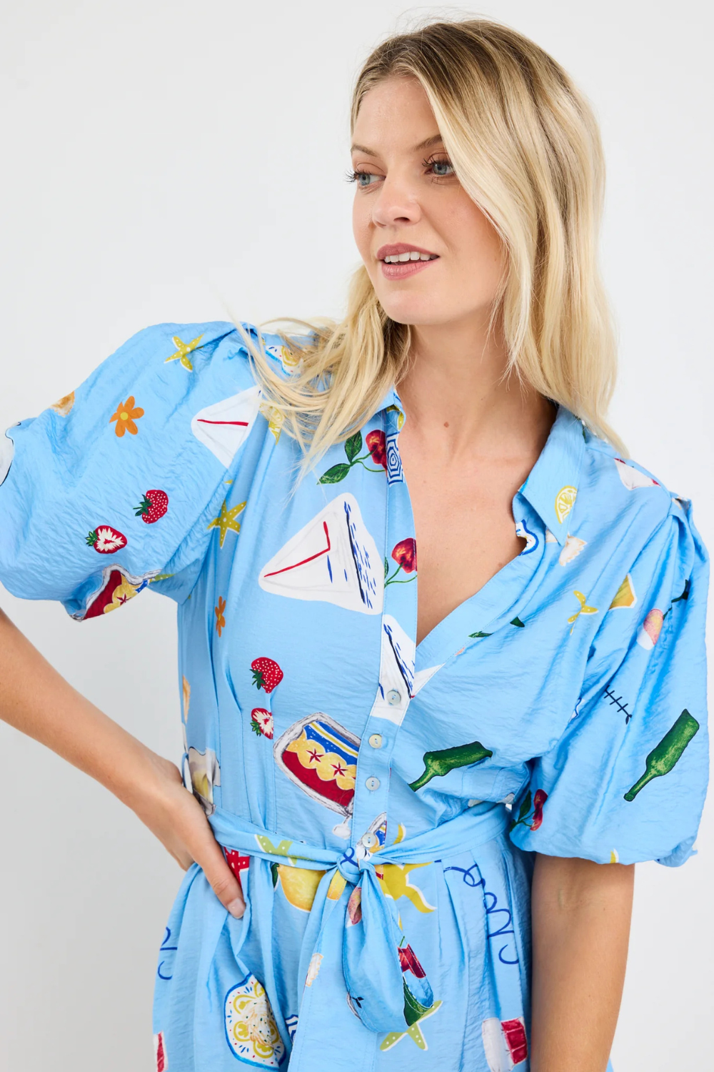 Sundown Blue Holiday Puff Short Sleeve Mini Shirt Dress