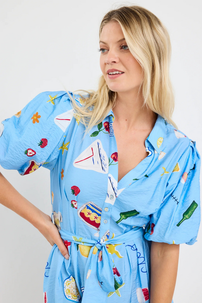 Sundown Blue Holiday Puff Short Sleeve Mini Shirt Dress