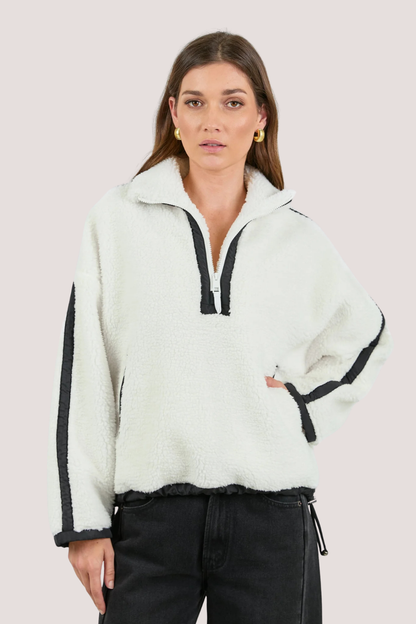 Untold Cream Contrast Detail Quarter Zip Sherpa Sweatshirt