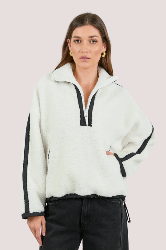 Untold Cream Contrast Detail Quarter Zip Sherpa Sweatshirt