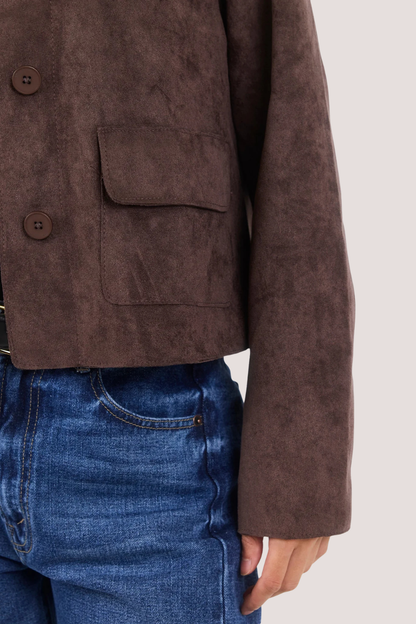 Exhibit Chocolate Faux Suede Button Front Cropped Jacket