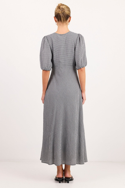 Accolade Black White Mini Gingham Mid Sleeve Tie Detail Midi Dress