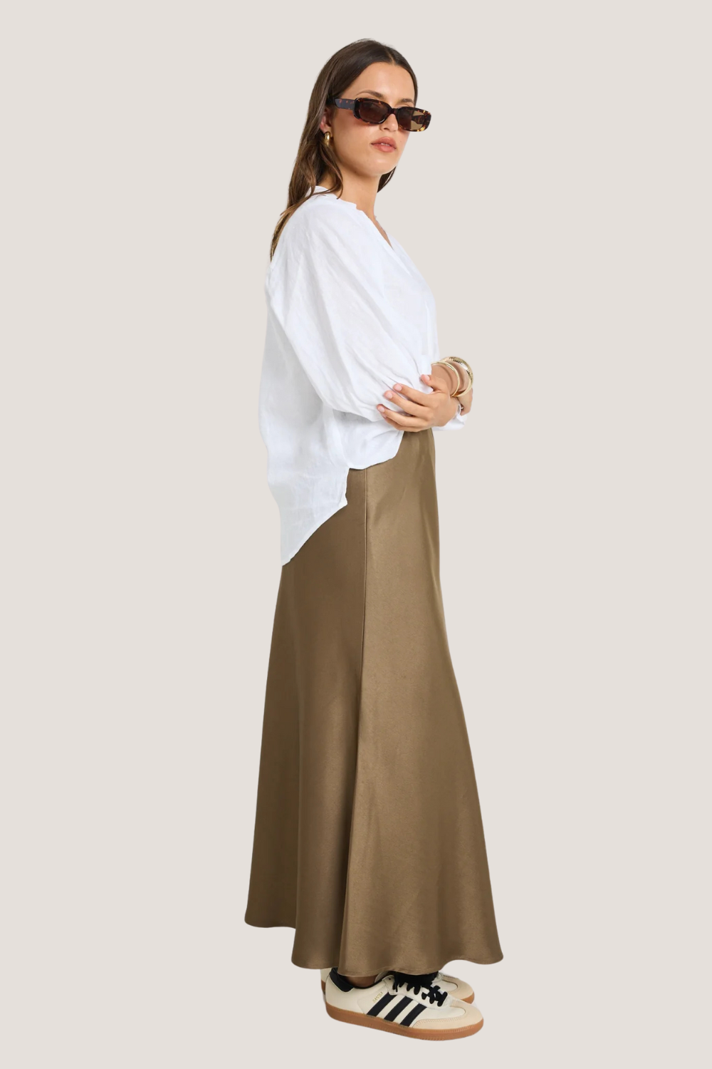 Preserve Bronze Floaty Satin Bias Midi Skirt