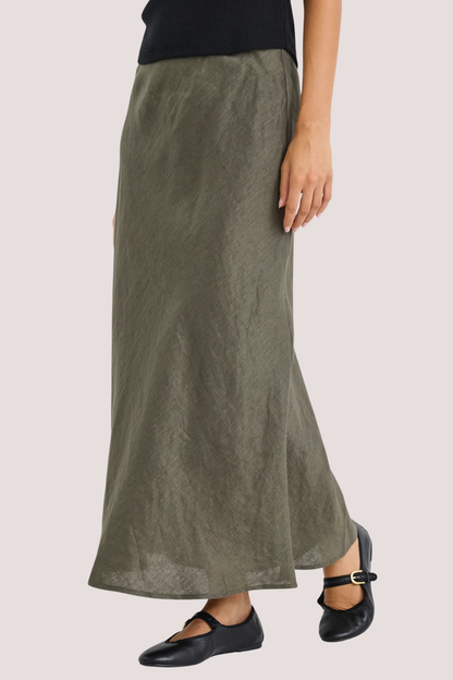 Bliss Khaki Linen Bias Midi Skirt