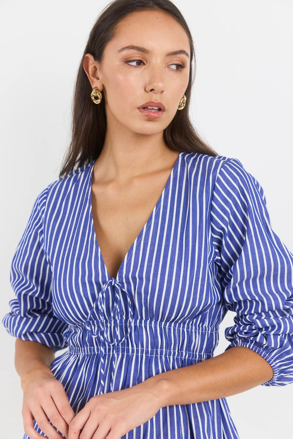 Belief Blue Stripe V Neck Fit and Flare Long Sleeve Top