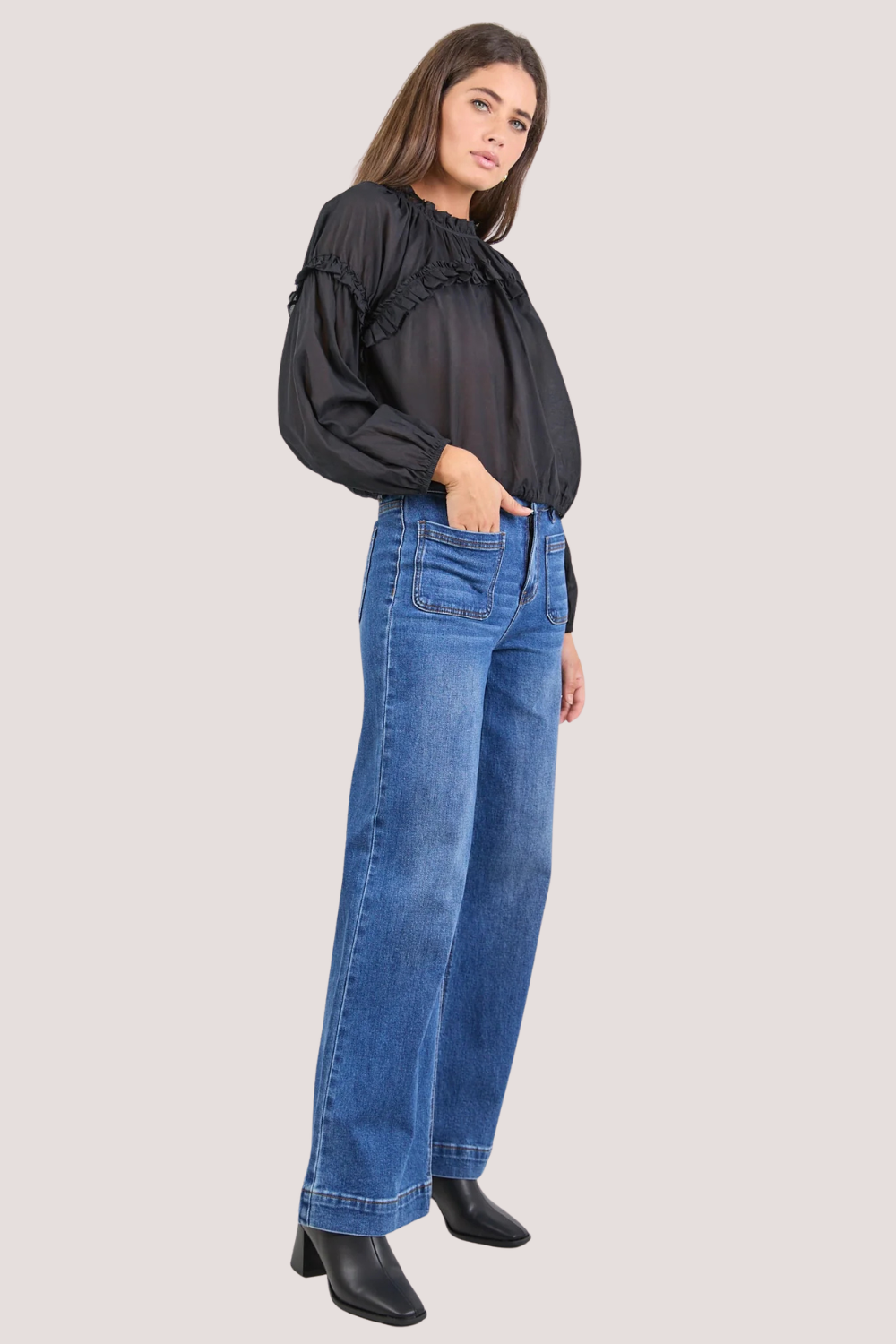 Manifest Black Voile Frill Detail LS Top
