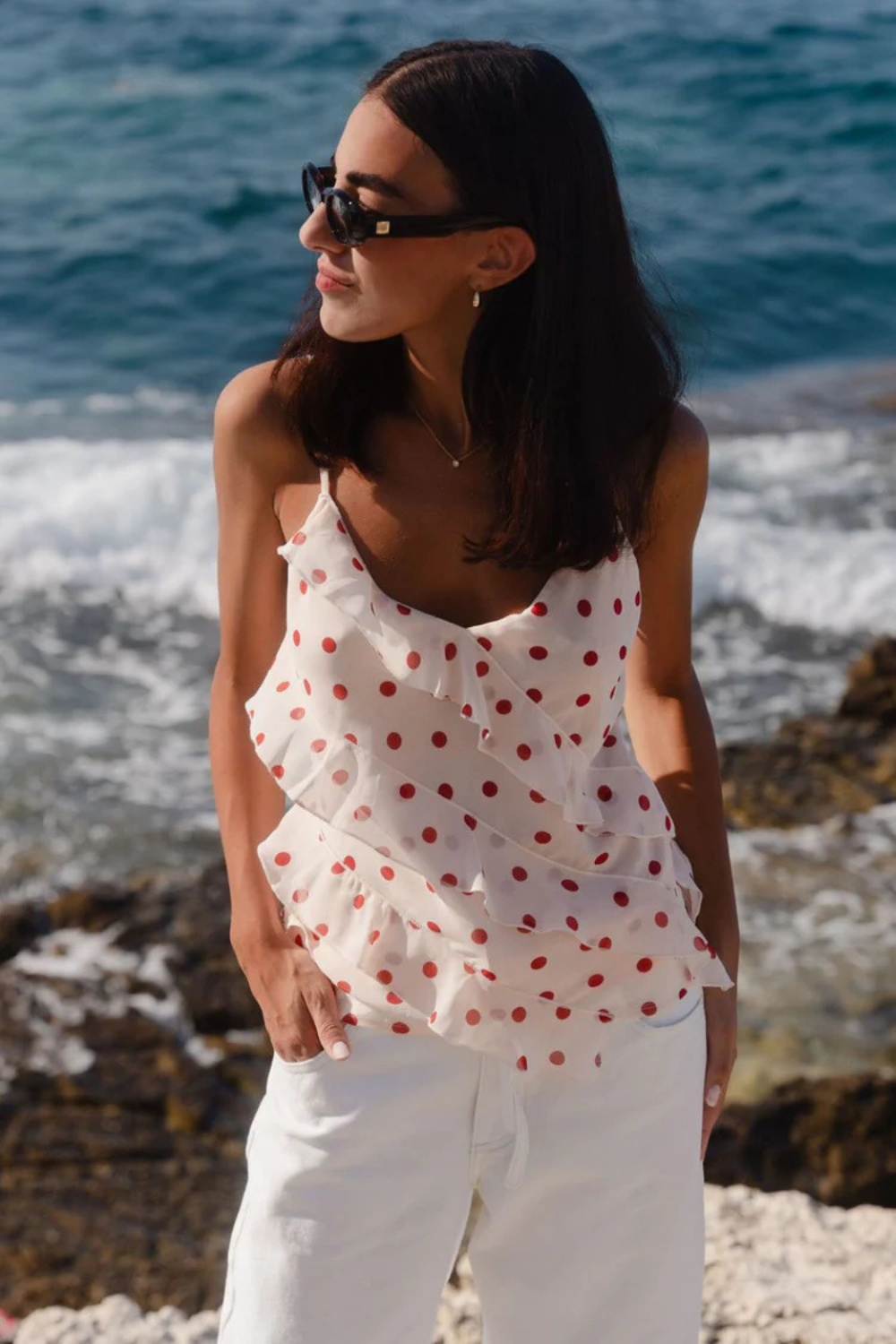 Outgoing Cream Cherry Polka Dot Frill Front Cami Top