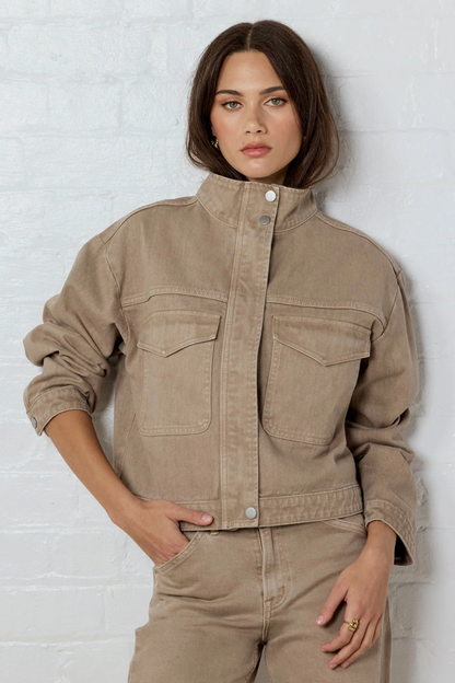 Crafted Taupe Funnel Neck Denim Jacket