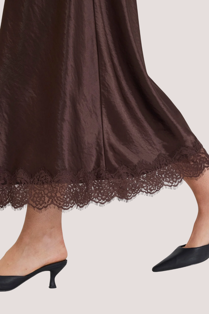 Margarita Chocolate Satin Lace Trim Bias Maxi Skirt