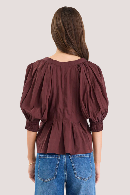 Esteem Chocolate Voile Pleated Short Sleeve Button-Through Top