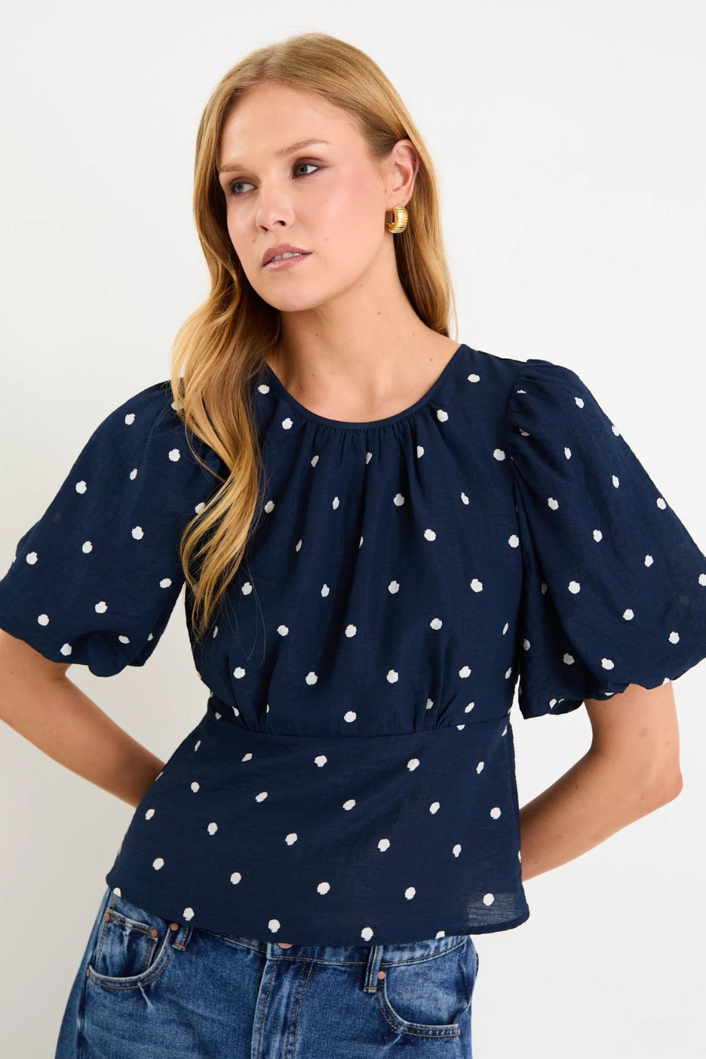 Finali Navy Polka Dot Bubble Sleeve Top