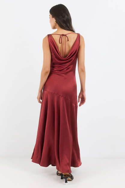 Bountiful Red Paprika Satin Tie Back Bias Slip Maxi Dress