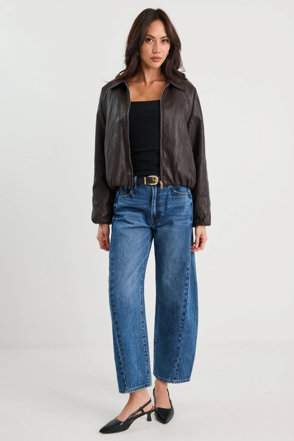 Troupe Chocolate PU Leather Zip Through Bubble Hem Bomber Jacket
