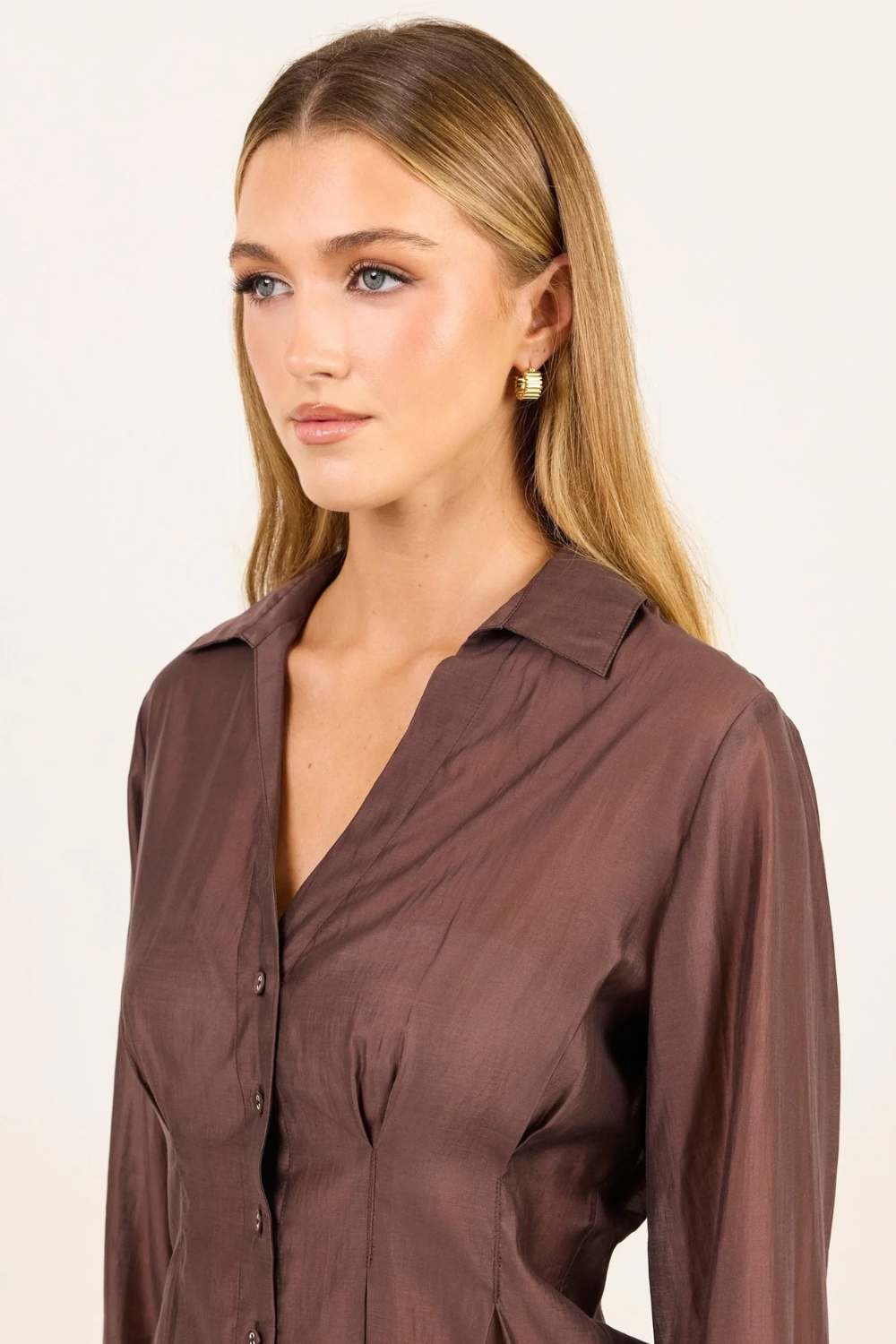 Sundial Chocolate Semi Sheer Corset Detail Waist Shirt