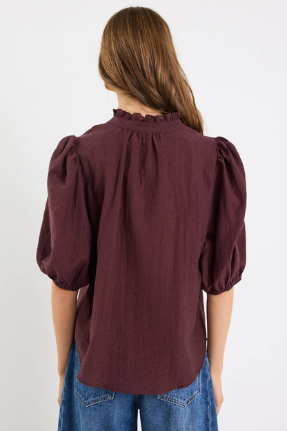 Continuance Chocolate Semi Sheer High Neck Buttoned Short Sleeve Top