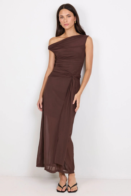 Monarch Chocolate Mesh Off Shoulder Maxi Dress