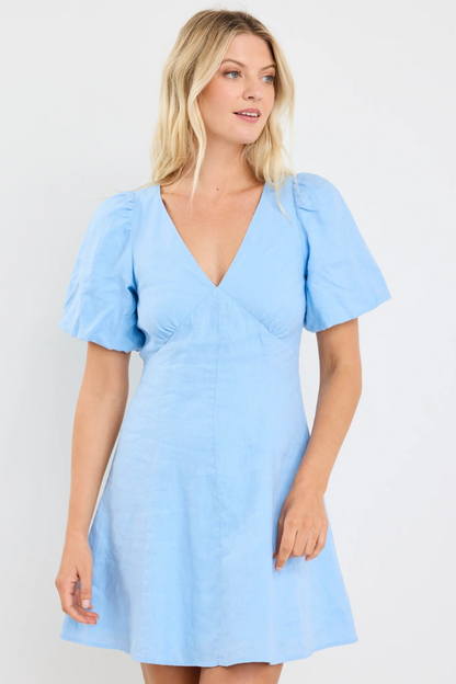 Adelaide Sky Blue Linen Puff Sleeve Paneled Mini Dress