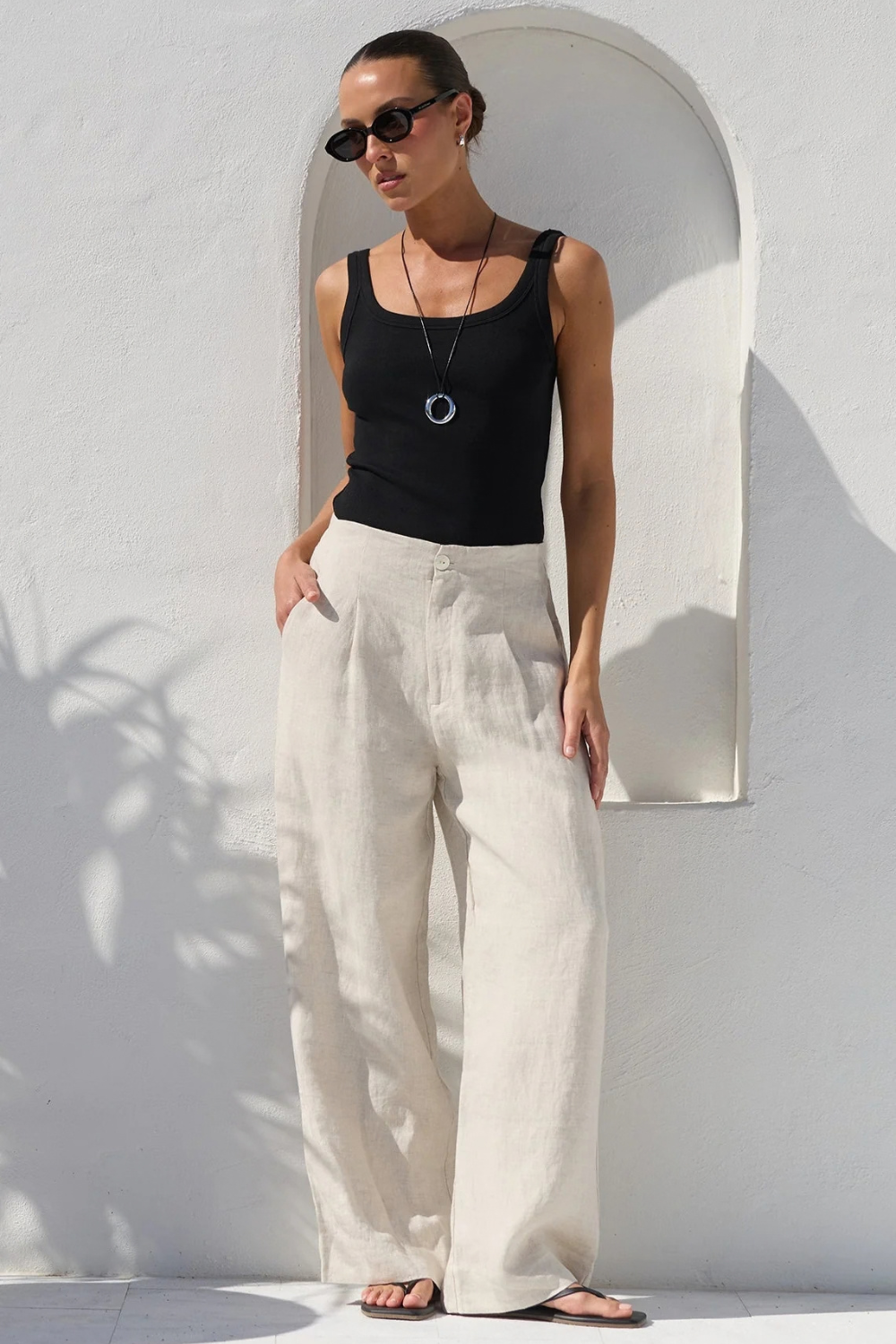 Curator Natural Linen Pleat Front Wide Leg Pants