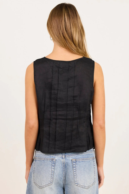 Encourage Black Linen Pintuck Front Boatneck Top