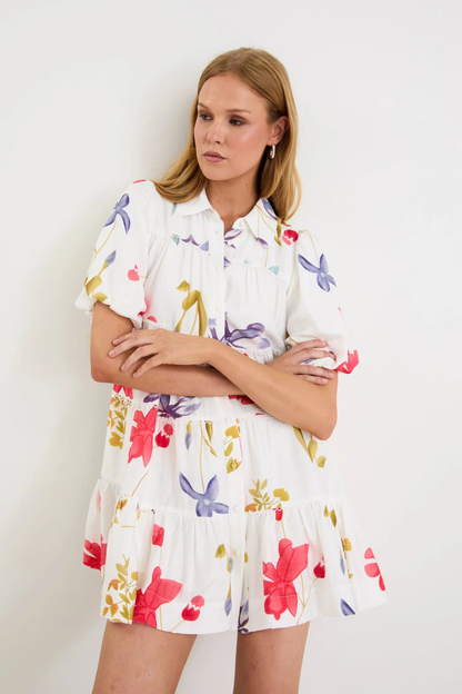 Dahlia Cream Poppy Floral Puff Sleeve Mini Tiered Shirt Dress