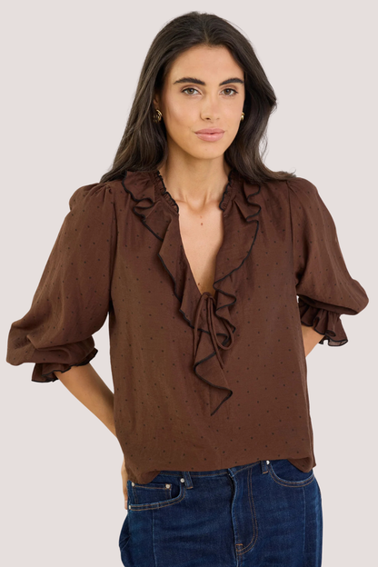 Decorate Chocolate Black Polka Dot Frill Front Mid Sleeve Top
