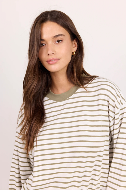 Unite Khaki White Stripe Long Sleeve Contrast Binding Boxy Tee