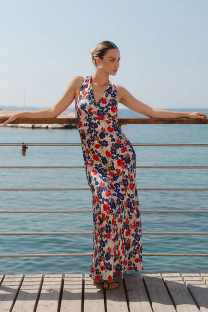 Aston Blue Red Poppy Satin Bias Flared Maxi Dress