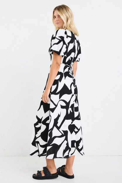 Stage Black Ivory Cut Out Print Puff Sleeve Floaty Maxi Dress