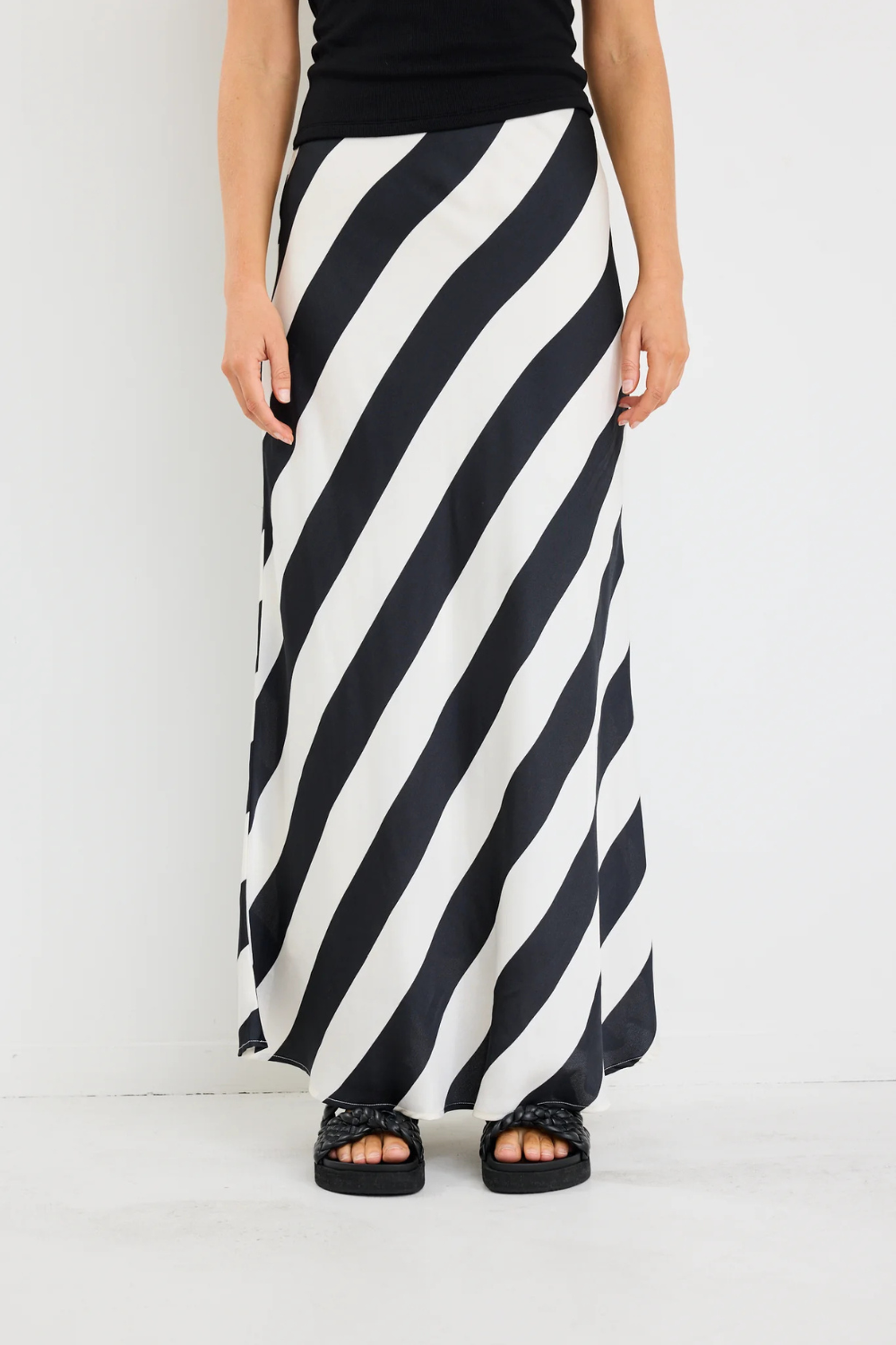 Fiery Black White Stripe Satin Bias Maxi Skirt